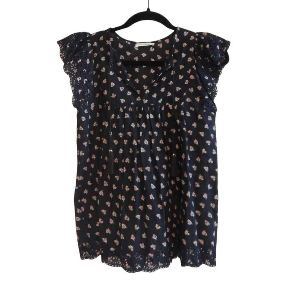 Ulla Johnson Blouse Top Ditsy Floral Eyelet Flutter Sleeve Black Size 2 - Picture 2 of 6